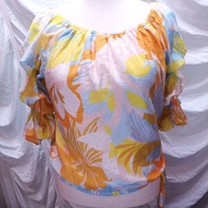 CeCe Pastel Floral Off-Shoulder Ruffle Blouse in Yellow, Blue & Pink